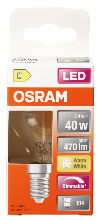 Lyspære Led Cl P 40 Klar Dim 827 E14 Osram