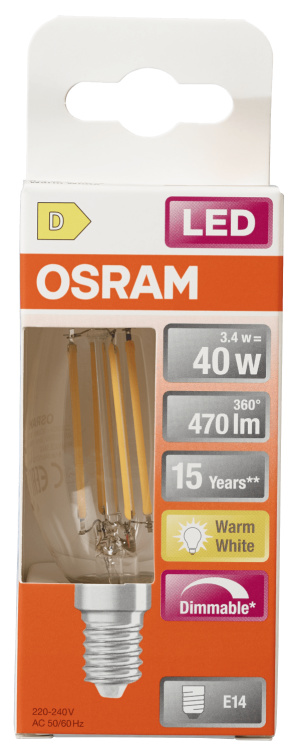 Lyspære Led Cl B 40 Klar Dim 827 E14 Osram