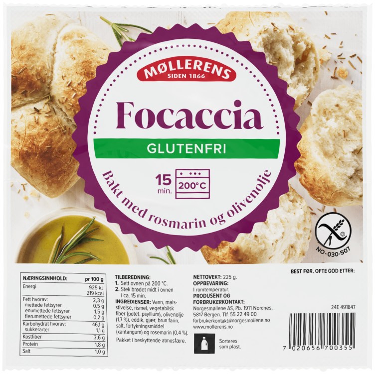 Møllerens Focaccia 225g Glutenfri