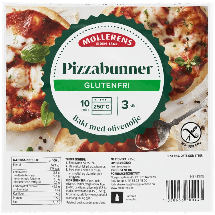Pizzabunner Mini glutenfri 3stk 225g Møllerens