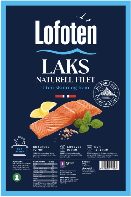 Laksefilet Naturell u/Skinn 4x125g Lofoten