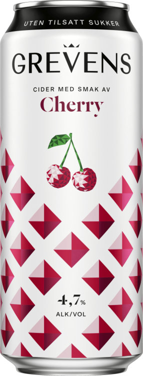 Grevens Cider Grevens cider med smak av Cherry er en forfriskende drikk uten tilsatt sukker! Dette er en søt, fruktig og musserende cider med 4,7 % alkohol.