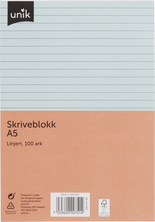 Product Image for Skriveblokk A5 Linjert 100ark Unik