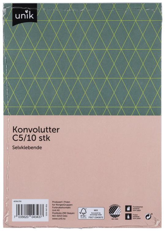 Konvolutt C5 Selvklebende Mappe 10stk Unik