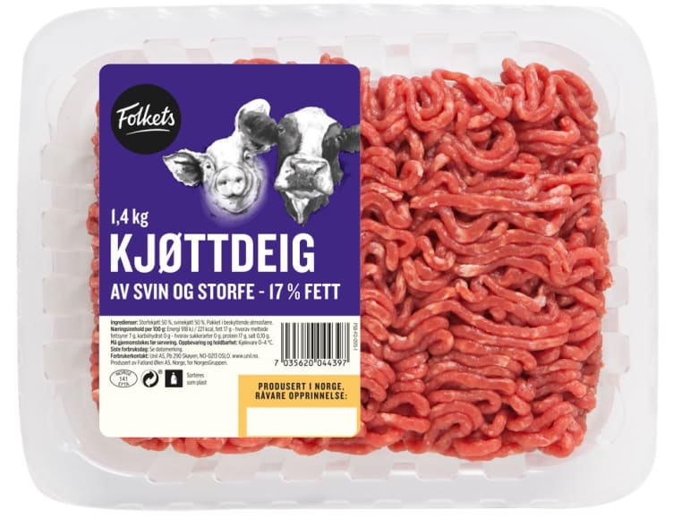 Kjøttdeig 17% Fett Svin/Storfe 1,4kg Folkets