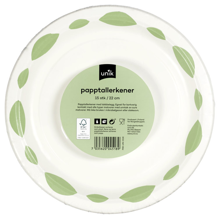 Papptallerken Dekor 22cm 15stk Unik