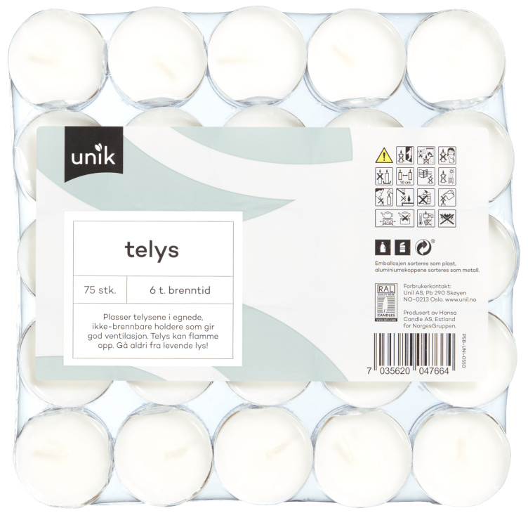 Telys Hvit 6t 75stk Unik