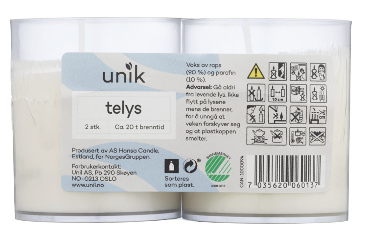 Telys 20t i Klar Kopp 2stk Unik