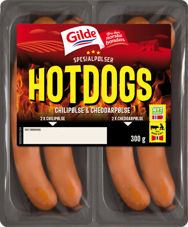 Hot Dogs Cheddarost&Chilipølse 300g Gilde