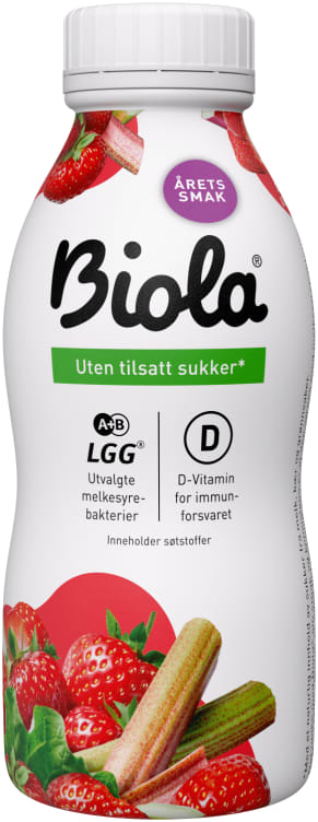 Biola Syrnet Melk Jordbær/Rabarbra uten 300g Tine