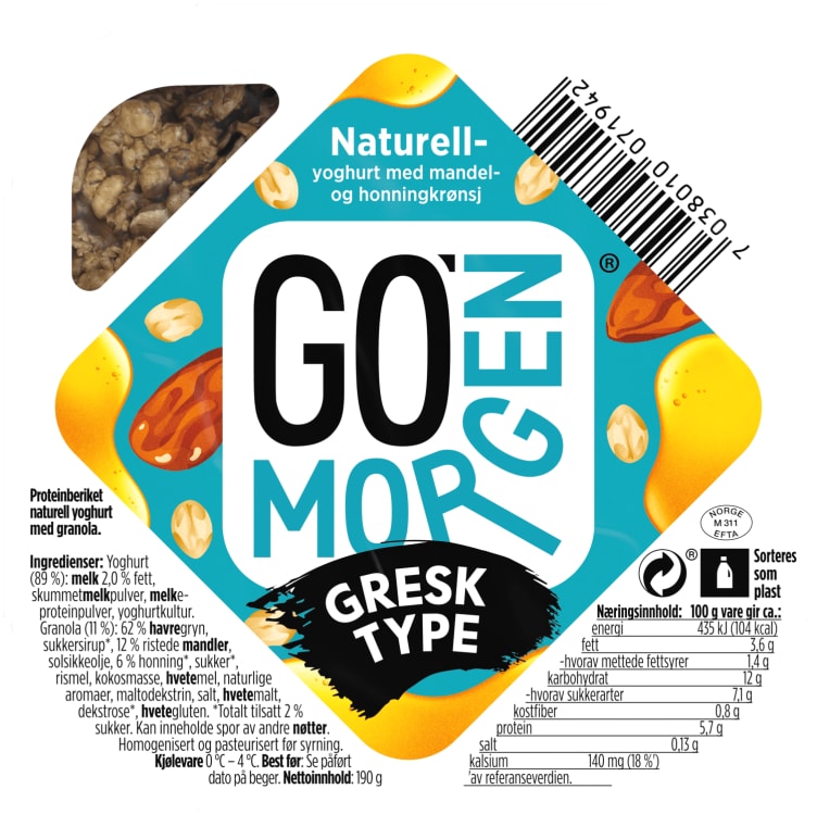 Go'Morgen Yoghurt Naturell&Honning 190g