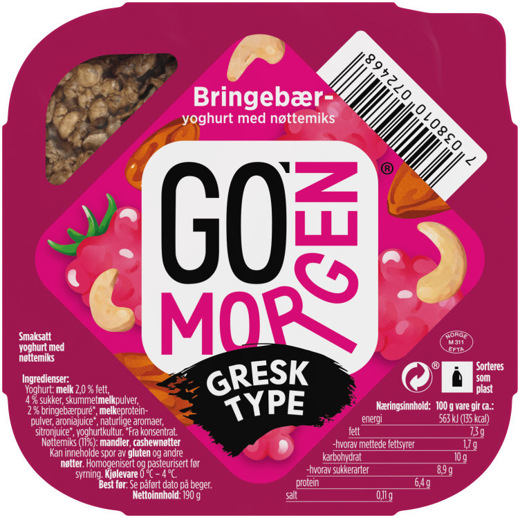 Go'Morgen Yoghurt Bringebær&Nøtter 190g Tine