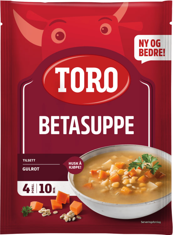Betasuppe Betasuppe er en klassisker som inneholder blant annet potet, erter og byggryn. Se tilbredningsmetode på pakken for å løfte suppen til nye høyder!