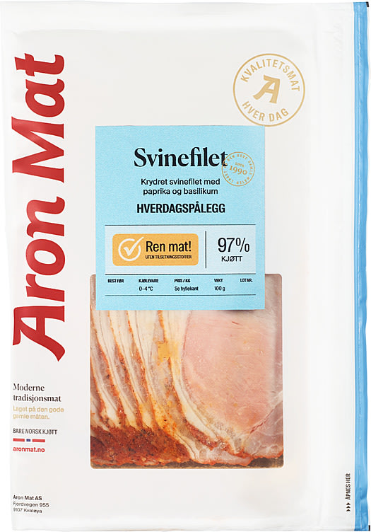 Svinefilet Krydret Ren Mat - uten tilsetningsstoffer.Ytrefilet av svin 97% salt, paprika, honning, basilikum, hvitløk og pepper.
