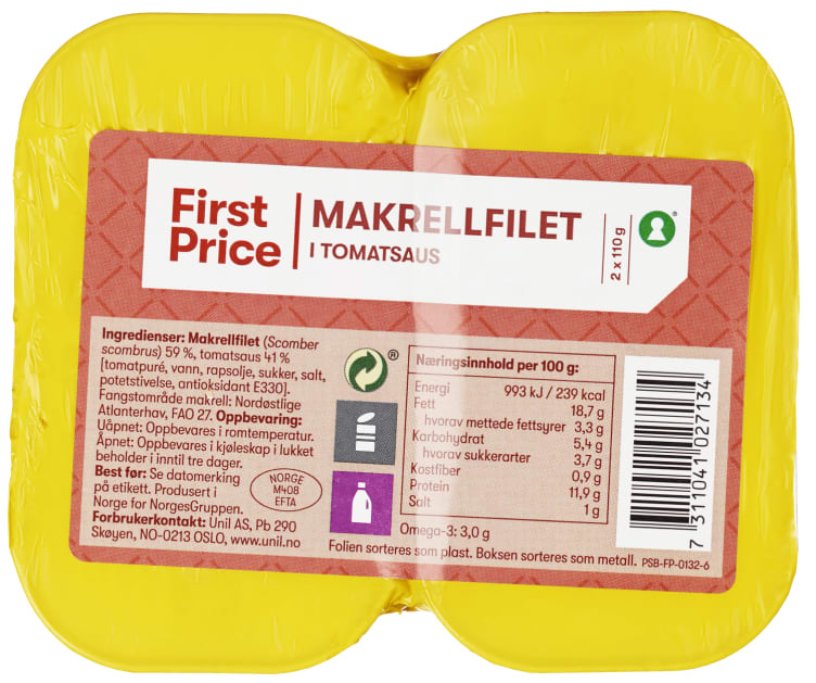 Makrellfilet i Tomat 2x110g First Price