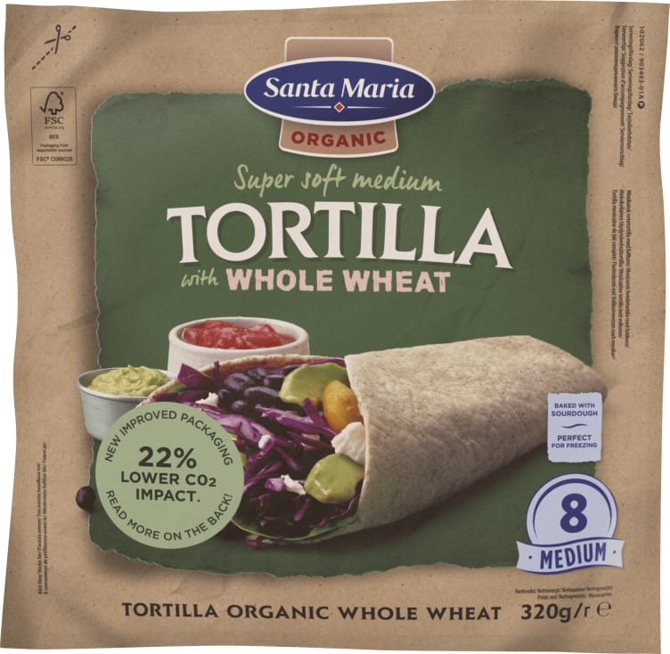 Tortilla Organic Whole Wheat 8stk 320g St.Maria