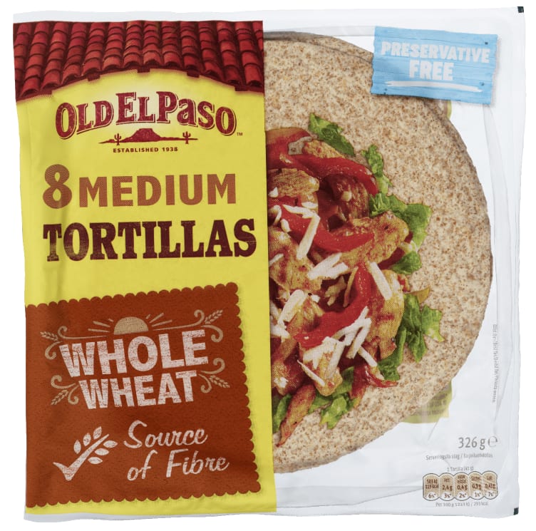 TORTILLAS WHOLE WHEAT 8STK 326G